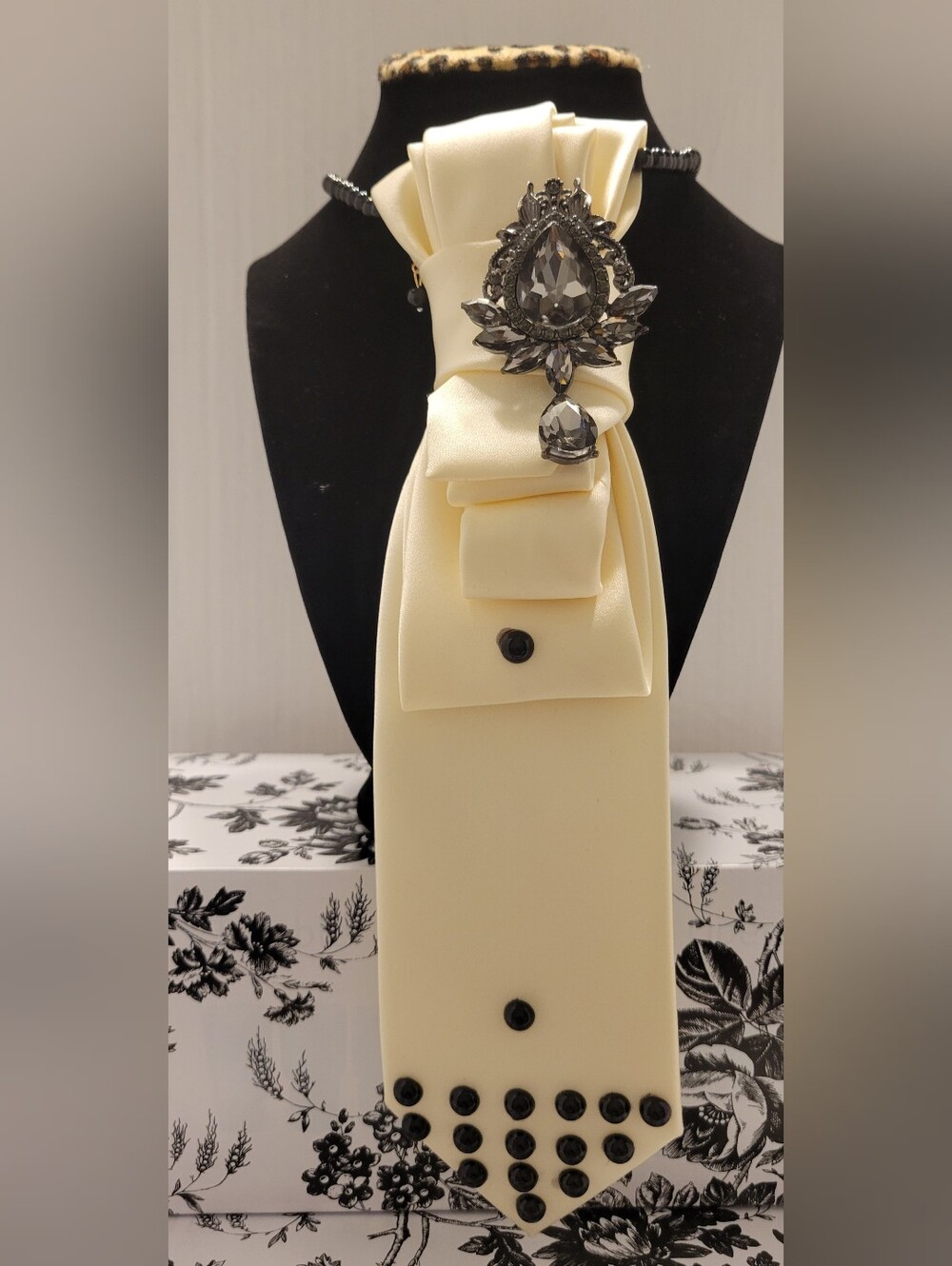 Ivory Satin Necktie with Crystal Brooch
